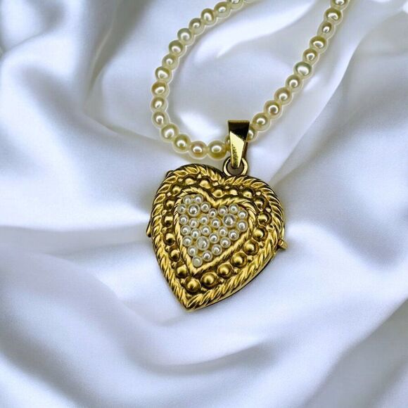 ANTIQUE- 14K Gold- Seed Pearl Heart Locket Necklace -19" -Victorian Era- 12.8g - Picture 8 of 16